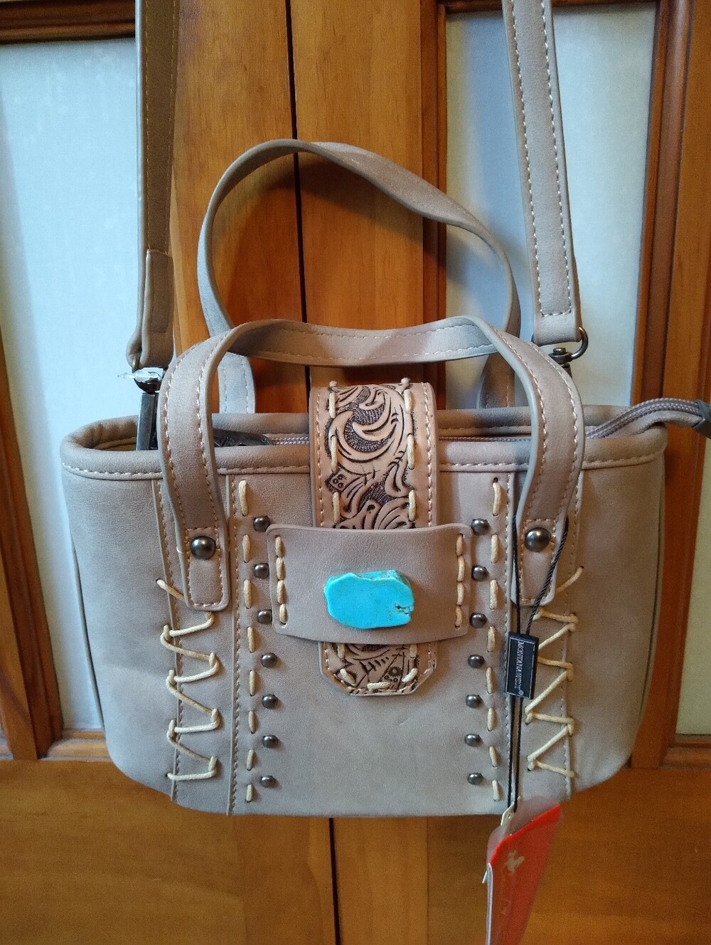 NWT Montana West Tan Tooled Leather Western Crossbody Handbag Purse With Turq.